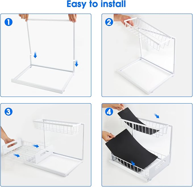 Under Sink Organizer, 2 Tier Pull-Out Cabinet Storage Shelf, Rust-Resistant Metal Organizer for Kitchen Bathroom Laundry Room, No Tools Installation, 1 Pack White