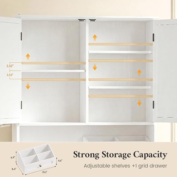 Over The Toilet Storage Cabinet with Adjustable Shelves & 2 Doors, Bathroom Storage Cabinet with One 4-Section Drawer, Towel Holder & Toilet Paper Holder for Bathroom, Laundry Room