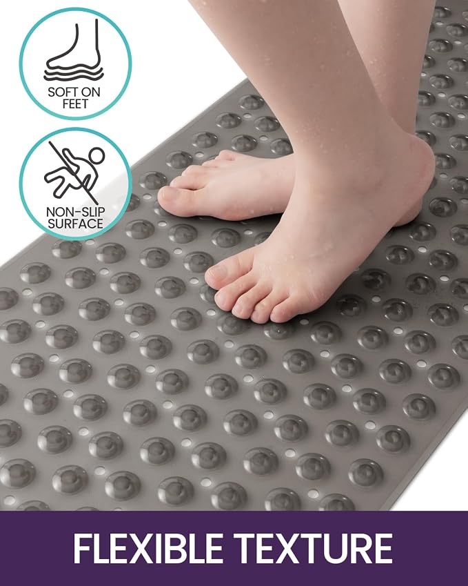 DEXI Bathtub Mat Non Slip 16x35, Shower Floor Mats for Bathroom Bath Tub, Washable Oval Bathmat with Suction Cups and Drain Holes, Clear Gray