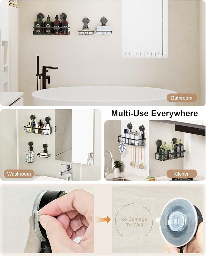 JOTPE Shower Caddy Suction Cup 5 Pack, No Drilling & Removable Suction Cup Shower Shelf for Bathroom with Large Capacity, Powerful Shower Organizer Max Hold 40 lbs, Waterproof Bathroom Shelf, Black