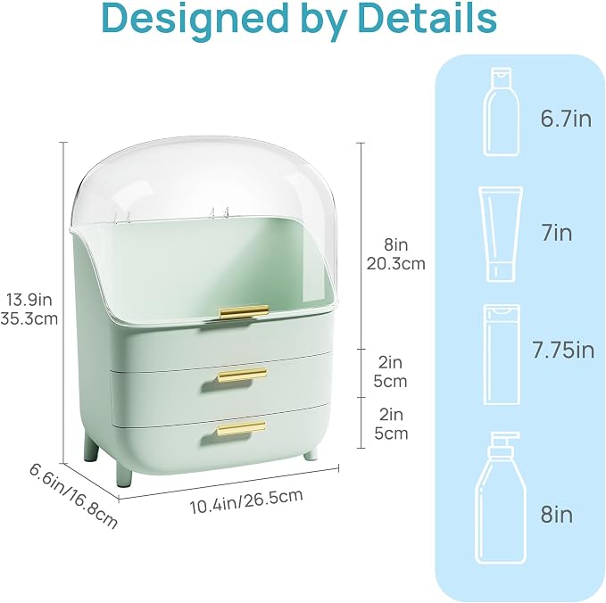Vtopmart 3-Tier Skincare Makeup Organizer with Drawers and Lid for Vanity and Bathroom Countertop, Large Cosmetic Storage Box Case for Dresser, with Non-Slip Base, Green