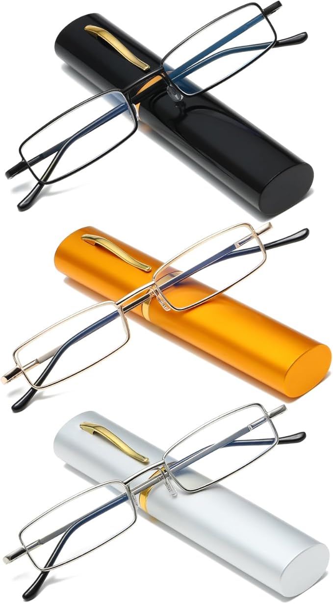 Viseng Slim Mini Metal Reading Glasses Compact Lightweight Portable Readers with Glasses Case for Reading Case +3.0 Black+Gold+Silver