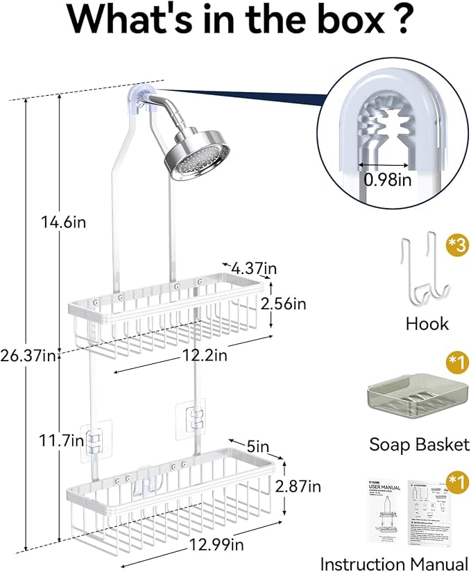 YASONIC Never Rust Shower Caddy Hanging, Aluminum Shower Racks for Inside Shower, 2-Tier Shower Organizer Hanging Over Shower Head with Hooks and Soap Holder, White