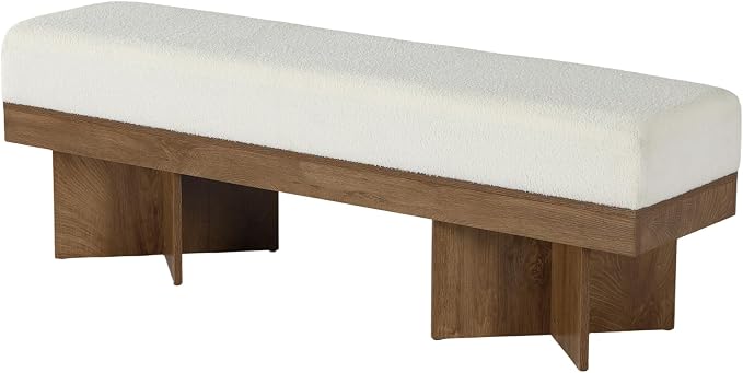 LITTLE TREE 55" Entryway Bench with Faux Lamb Wool, Upholstered Bench with X-Legs, for Living Room, Bedroom, or Foyer (White & Light Walnut)