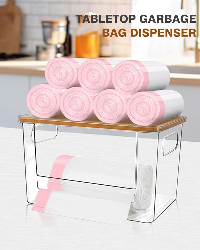 Trash Bag Dispenser 2 Pack - Under Sink Organizer, Plastic Bag Holder, Stackable Acrylic Garbage Bag Storage with Bamboo Lid for Kitchen Cabinet, 13/30/33 Gallon Grocery Bag Dispenser
