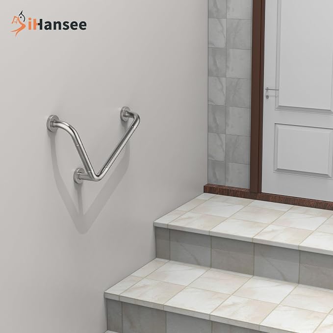 L-Shaped Angled Grab Bar 12x16 Inch Brushed Nickel Anti-slip Knurled Shower Handle Wall Mount, Stainless Steel Shower Bar for Seniors Injured Balance Support, Handicap Grab Bars for Bathtubs & Showers