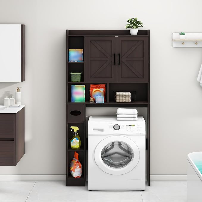 Vabches Over The Toilet Storage Cabinet, Farmhouse Storage Cabinet Over Toilet with 2 Barn Door & Toilet Paper Holder Stand，Home Space-Saving Toilet Rack, for Bathroom, Restroom, Laundry.Caramel