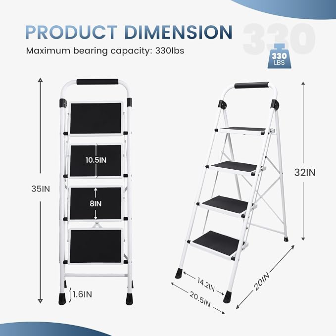 DUMOS 4 Step Ladder, Sturdy Step Stool with Anti-Slip Pedal & Comfortable Handrail, Foldable Heavy Duty Step Stool for Kitchen, Garage & Outdoor Use, 330lbs, Black