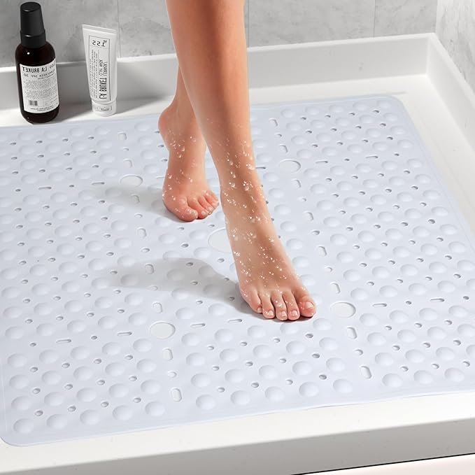 Large Square Shower Mat 27 x 27 Inch White, Non Slip Shower Bathtub Mats for Inside Shower With Big Suction Cups Drain Holes, Anti Slip Bathroom Floor Shower Stall Mats, Easy Clean, BPA-Free