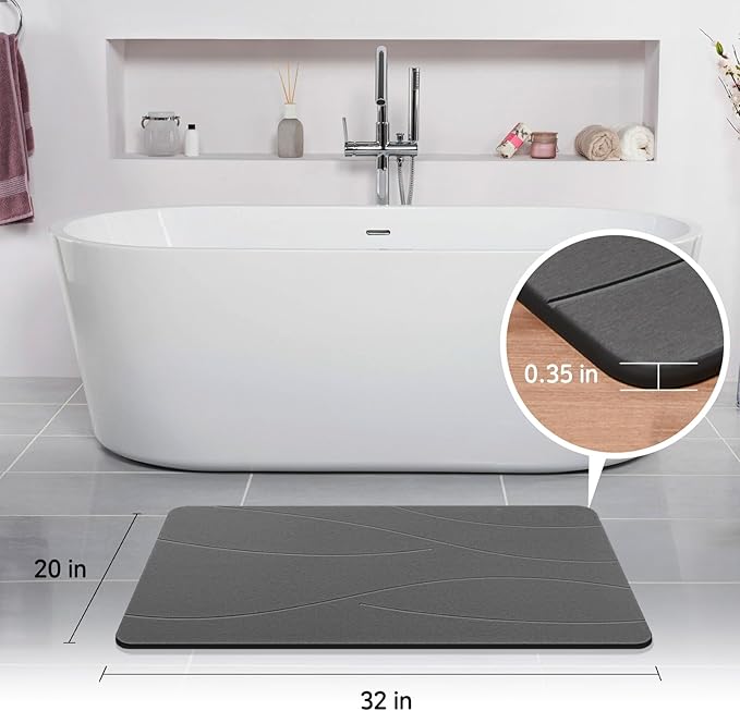 32"x20" Stone Bath Mat 2Pack, Diatomaceous Earth Shower Mat, Non-Slip Super Absorbent Quick Drying Bathroom Floor Mat, Natural, Easy to Clean (Dark Grey)