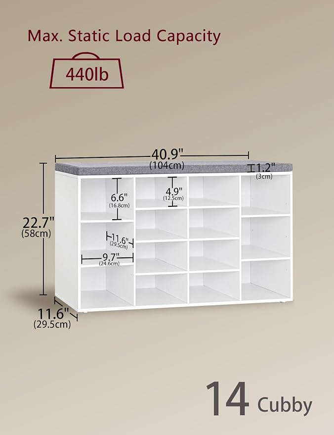 DINZI LVJ Shoe Storage Bench with Cushion, 14-Cubby Shoe Rack, Adjustable Shelves, Multifunctional Shoe Organizer Bench for Entryway, Mudroom, Hallway, Living Room, Bedroom and Garage, White
