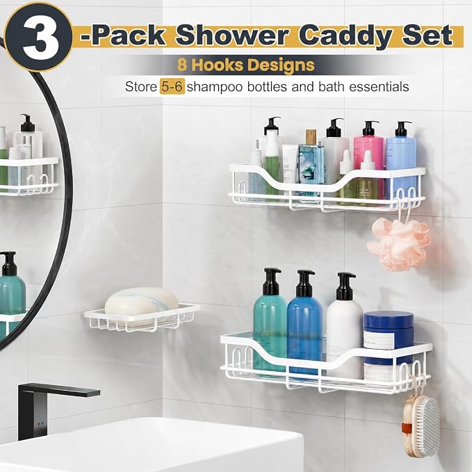 OMAIRA 3-Pack Shower Caddy with Soap Holder, Adhesive Rustproof No-drill Strudy Loading Inside Shower Organizer Shelves Rack Storage Bathroom Organization for Smooth Wall Glass Tile, White (Large)