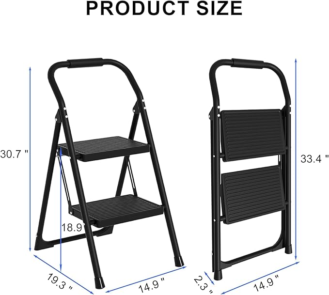 2 Step Ladder for Kitchen Step Stool, Lightweight Folding Step Stool with Curved Safety Handrail, Auto-Lock Mechanism & Non-Slip Wide Pedals, Slim 2 Step Ladder Foldable for Home Indoor（Black）