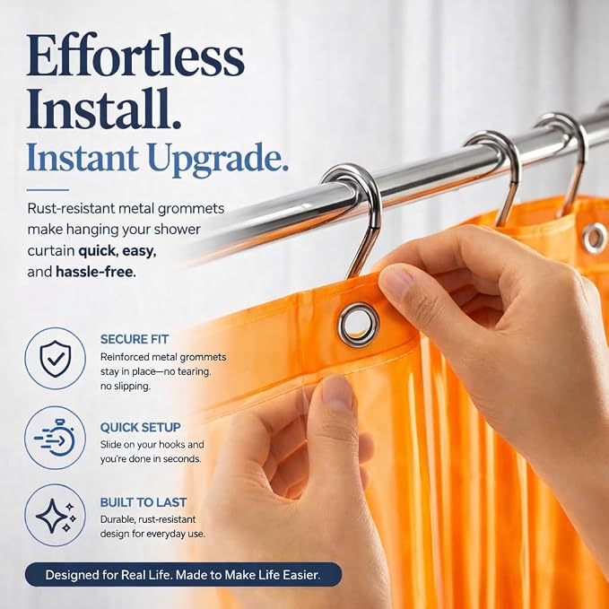 EHZNZIE Orange Shower Curtain Liner 72x72, PEVA Waterproof Bath Curtain, No Chemical Smell, 3 Weighted Magnets, Durable with Rustproof Metal Grommets