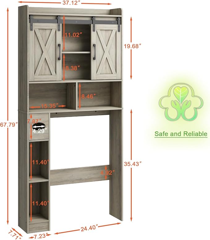 Vabches Over The Toilet Storage Cabinet, Farmhouse Storage Cabinet Over Toilet with Sliding Door& Toilet Paper Holder Stand，Home Space-Saving Toilet Rack, for Bathroom, Restroom, Laundry