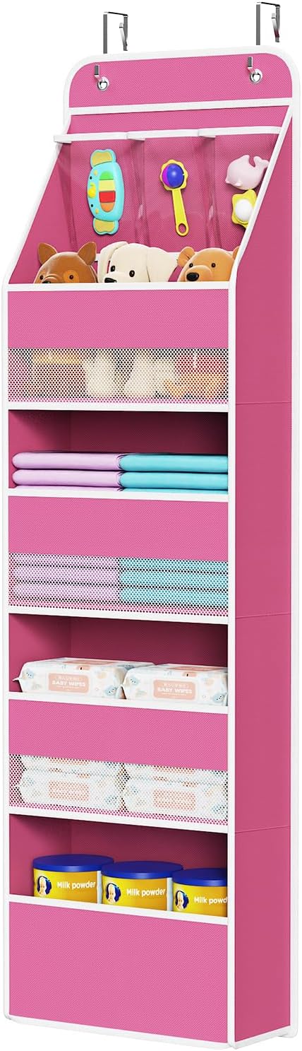 Univivi 5-Shelf Fabric Door Storage Over Door Hanging Organizer with 4 Large Pockets and 3 Small PVC Pockets Nursery Closet Cabinet Wall Mount Hanging Storage Organizers for Baby Nursery (Pink)