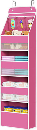 Univivi 5-Shelf Fabric Door Storage Over Door Hanging Organizer with 4 Large Pockets and 3 Small PVC Pockets Nursery Closet Cabinet Wall Mount Hanging Storage Organizers for Baby Nursery (Pink)
