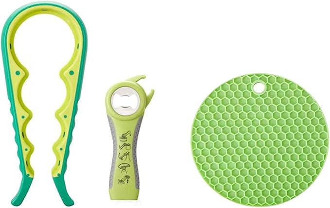3-Piece Jar & Bottle Opener Set for Seniors, Non-Slip Silicone Grip Mat, Ergonomic Kitchen Gadget (green)