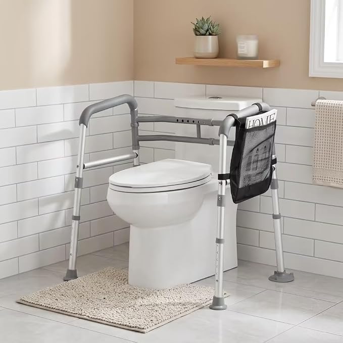 TABEKE Toilet Safety Rails for Seniors, Adjustable Height & Width Toilet Safety Frames with Handles, Foldable Toilet Rails for Disabled Elderly Fit Most Toilets (w. Suction Cups)