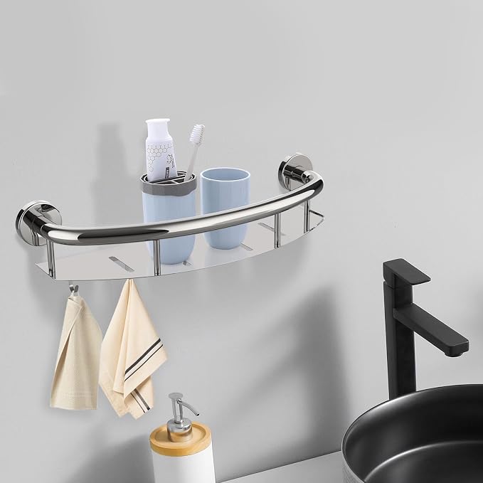Munzong 18 Inch Shower Grab Bar with Storage Shelf, Chrome Stainless Steel 2 in 1 Bathroom Grab Bar and Hand Rail Support for Elderly and Handicap