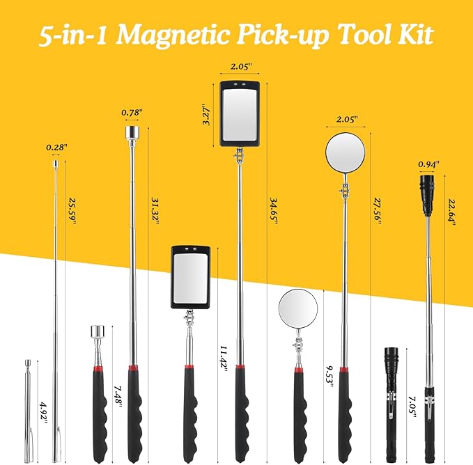 Housolution 360° Flexible Magnetic Flashlight, 32" Telescoping Magnetic Pickup Tool, Gift for Mens, 1&15lbs Magnet Stick, 35” Inspection Mirror Adjustable, Birthday Gifts for Husband, Dad, Father
