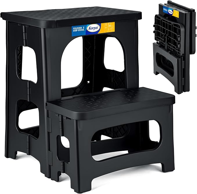 Korpai Folding 2 Step Stools,8" & 17" Dual Heights,Folding Step Hold up to 250 lbs,Step Stools for Adults and Kids,Step Stool for Dorm Bed,Kitchen Bedroom Office,Truck ect,Black