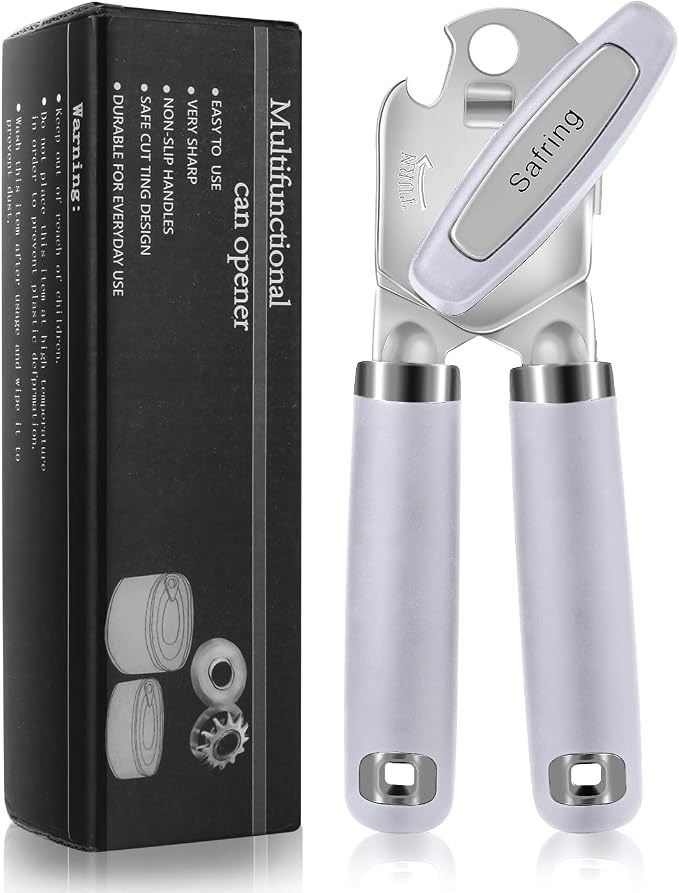 Safring Can Opener Manual, Heavy Duty Handheld Strong Can Opener with Soft Touch Handle, Sharp Blade Smooth Edge, Can Openers with Multifunctional Bottle Opener, Lavender