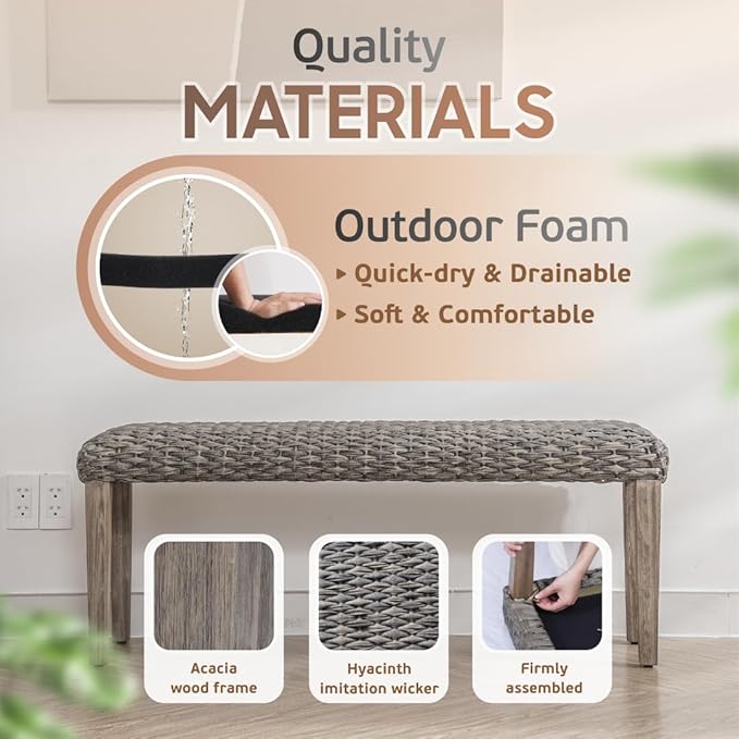 Outdoor Rattan Backless Bench, All-Weather Wicker & Solid Acacia Wood, Upholstered Premium Garden Bench with Woven Rattan Seat and Thick Outdoor Cushion for Patio, Porch, Living Room or Entryway