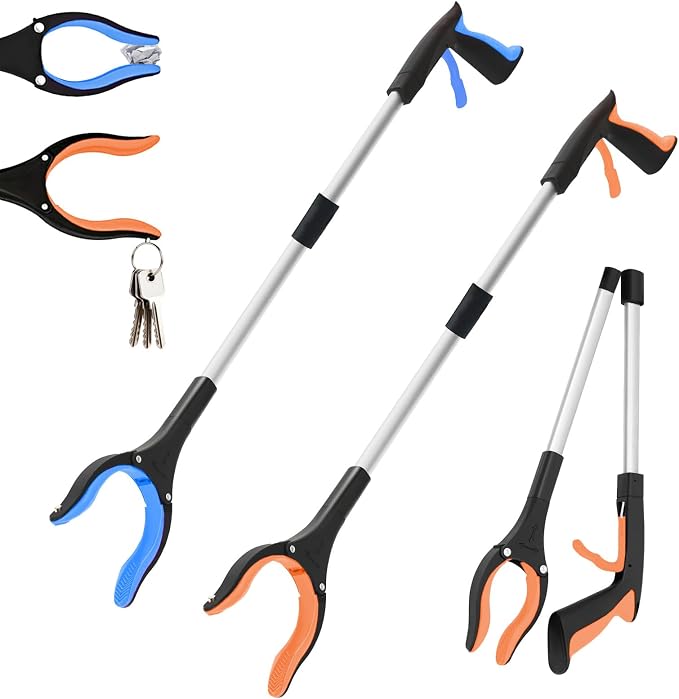 2-Pack 32"Grabber Reacher Tool,Foldable Reacher Grabber Pickup Tool with 360°Rotating Jaw & Magnetic Tip,GarbageTrash Picker Upper Grabber,Lightweight Grabbers for Seniors/Elderly(Orange/blue)