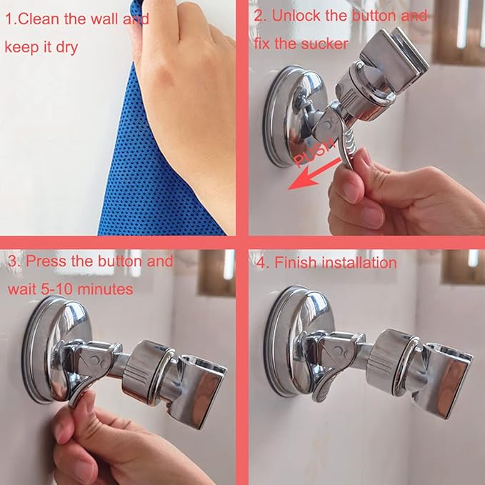 Medsuo Adjustable Shower Head Holder with Sticky Pad, Removable Suction Cup Shower Head Bracket No Drill Shower Head Bracket with Chrome Polished for Bathroom