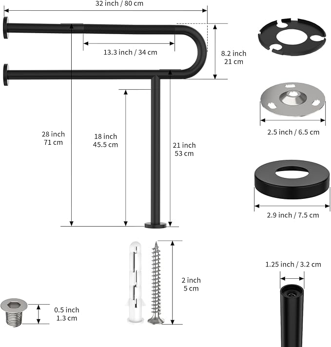 Toilet Support Rail 32 Inch, Munzong Anti-Slip Black Handicap Grab Bar for Bathroom, Stainless Steel Knurled Safety handrails with Leg for Elderly Disabled Pregnant-1.25’Tube