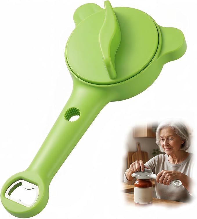 4-in-1 Multifunctional Can Opener & Jar Opener for Seniors - Non-Slip Bottle Opener with Adjustable Stainless Steel Lid Remover, Effortless Opening for Weak Hands, Compact Design for Kitchen (Green)