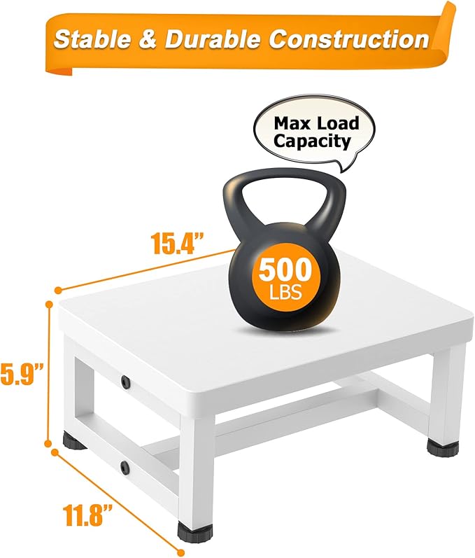 Step Stools for Adults Kids, Heavy Duty Non-Slip Wooden Stepping Stools with 500-LBS Capacity for Bedroom Kitchen Bathroom, Sturdy Bed Steps for High Beds with Rubber Feet, Easy to Assemble, White