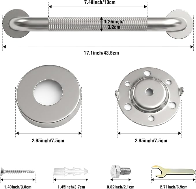 16 Inch Shower Grab Bar for Seniors,1.25'' Diameter 304 Stainless Steel Heavy Duty Anti-Slip Bathroom Safety Handicap Grab Bar for Shower, Bathtub & Toilet Support, Wall Mounted, Supports 500lbs