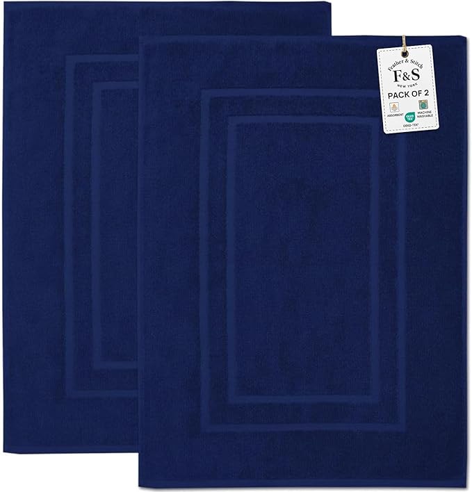 Feather & Stitch 2 Piece Towel Like Bath Mats (30x21 Inch) 100% Cotton Terry Bath Mats, Bathroom Shower Floor Mats [NOT A Bathroom Rug], Soft Absorbent Washable Mats - Navy Blue