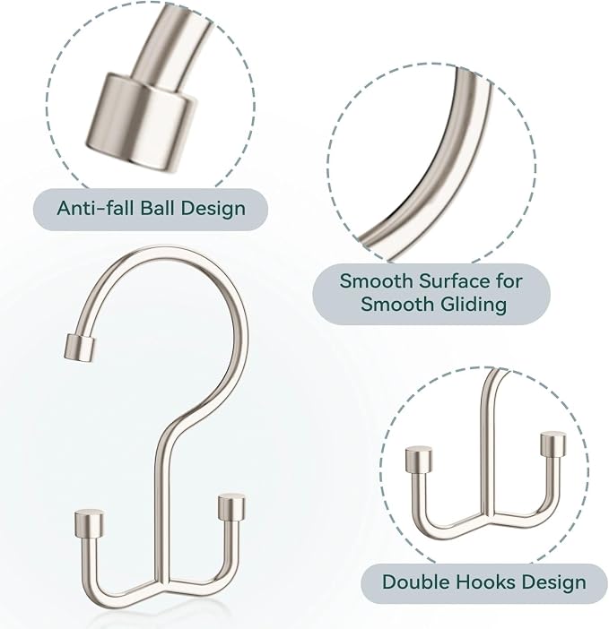 Goowin Shower Curtain Hooks, Shower Curtain Rings, Metal Shower Curtain Hangers Rust Proof, Double Glide Shower Rings for Curtain, Simple Shower Hooks for Shower Curtain, Nickel, 24 Pack-Cylinders