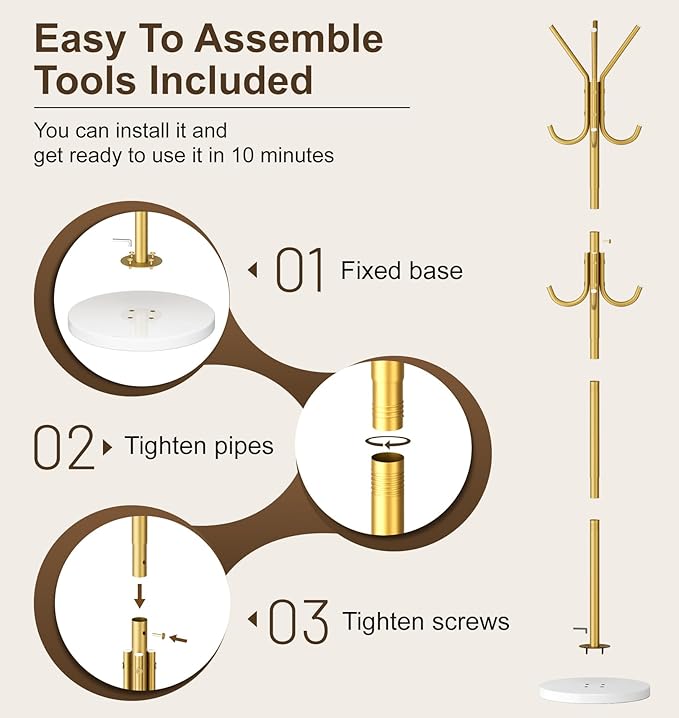 MISSLO Heavy Duty Coat Rack Freestanding with Stable Wood Base Modern Gold Coat Tree with 12 Hooks Adjustable Coats Hanger Stand Stylish Standing Clothes Tree for Entryway Bedroom Corner Hall