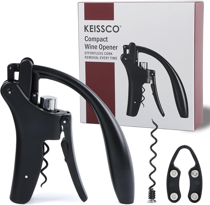 KEISSCO Compact Wine opener Vertical Lever Corkscrew Wine Bottle Opener with Foil Cutter & Extra Screw
