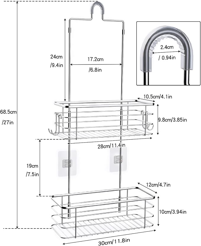 Hanging Shower Caddy, Stainless Steel, 2-Tier Bathroom Organizer Rack over Shower Head with 2 Hooks for Razor and Sponge