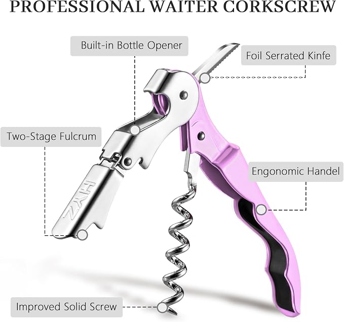 HYZ 2-Pack Wine Opener Waiter Corkscrew, Professional Wine Key for Servers, Bartender with Foil Cutter, Manual Wine Bottle Opener Double Hinged (Light Purple)