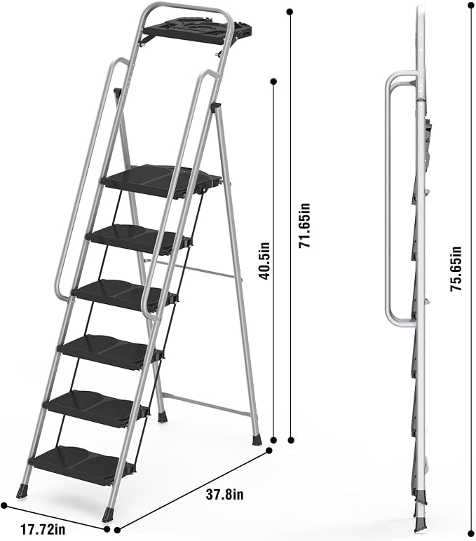 6 Step Foldable Step Ladder Stool with Roomy Tool Tray and Secure Handrail, Foldable Platform Ladder 6 Step Folding Stepstools with Wide Pedals and 800lbs Weight Capacity for Adults, Home, Kitchen