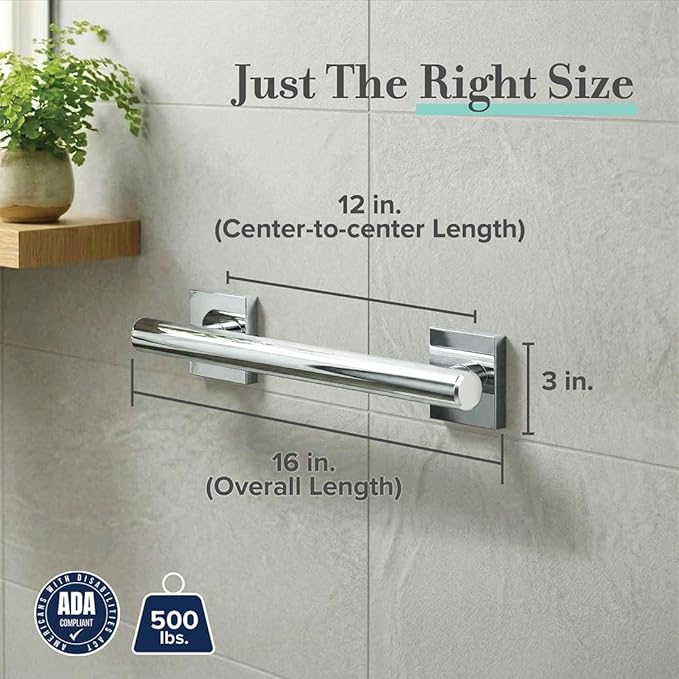 Gatco 940 Elevate 12" L Grab Bar, Chrome/ADA Compliant Stainless Steel Safety Grab Bar for Bathroom