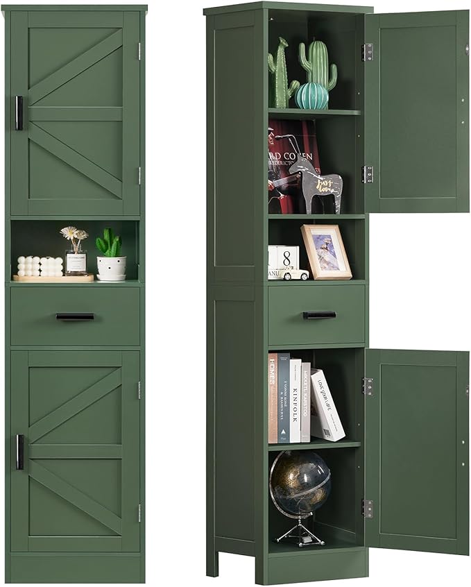 TEENFON 67" H Tall Bathroom Storage Cabinet with Barn Doors and Drawer, Narrow Bathroom Cabinet, Narrow Storage Unit, Adjustable Shelves, Floor Cabinets for Living Room, Forest Green