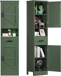 TEENFON 67" H Tall Bathroom Storage Cabinet with Barn Doors and Drawer, Narrow Bathroom Cabinet, Narrow Storage Unit, Adjustable Shelves, Floor Cabinets for Living Room, Forest Green