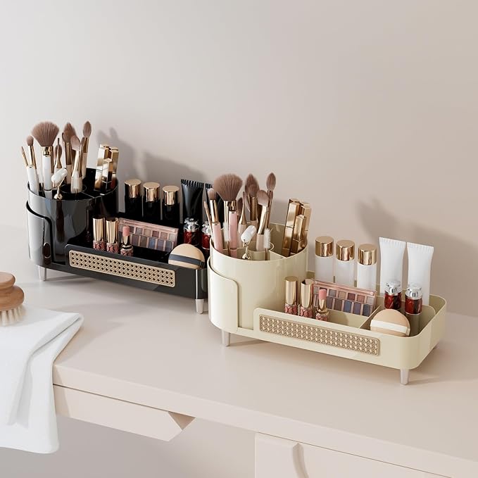 Booklov Rotating Makeup Caddy Organizer for Vanity, Large Capacity Cosmetic Display Case, Countertop Beauty Storage Holder for Skincare, Brush Eyeliner Lipstick, Counter Table Organization, Black
