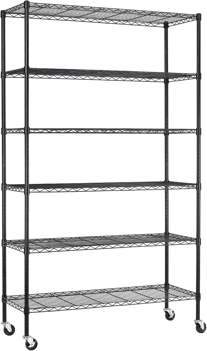 BestOffice | 6-Tier Wire Storage Shelves with Wheels | 18x45x82 | Black | Adjustable Racks | Heavy-Duty Metal Shelf, Holds Upto 2100 lbs | No-Tool Assembly | Ideal for Home & Garage Shelving
