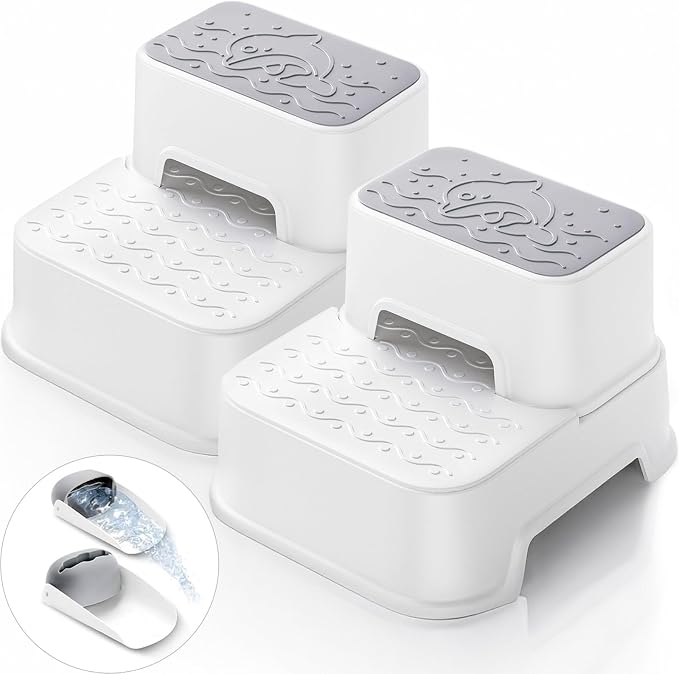 2 Step Toddler Step Stool, Non-Slip Multifunctional Kids Step Stool for Bathroom Sink & Toilet Potty Training,Supports Up to 220 lbs (2 Packs, White)