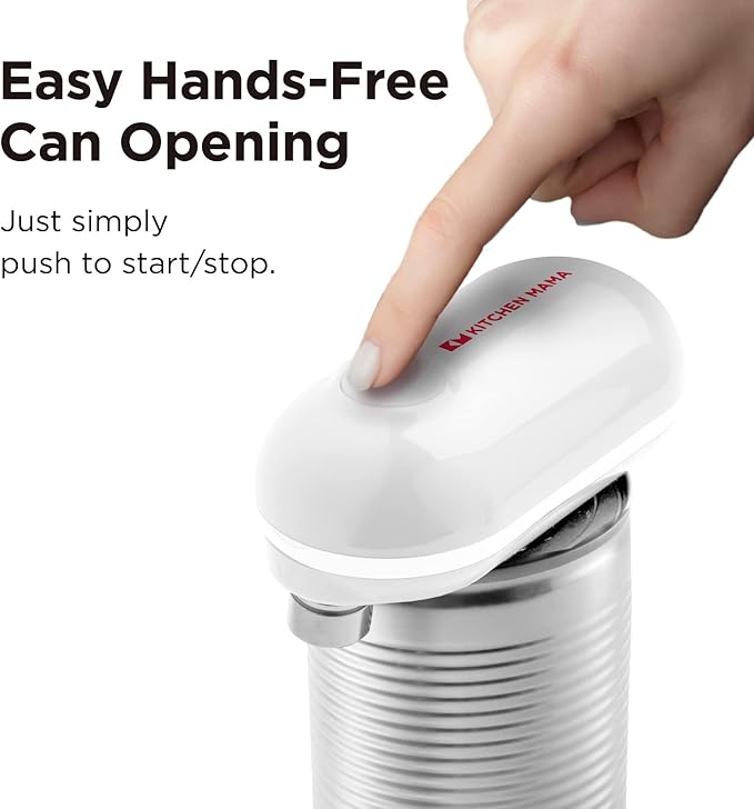 Kitchen Mama Mini Electric Can Opener Smooth Edge: Opens Can with One Press - Ultra-Compact, Portable, Hands-Free, Safe, Cordless, Seniors with Arthritis, Automatic, Battery Operated Appliance (White)