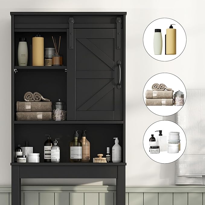 Over The Toilet Storage Cabinet, Bathroom Organizer with Adjustable Shelves and Anti-Tip Device, Space-Saving Storage Solution, Black