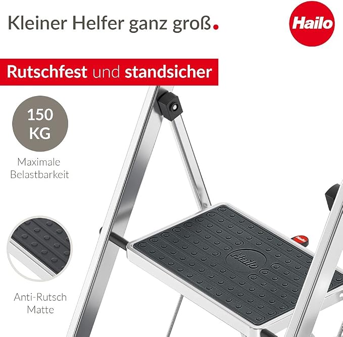 HAILO K70 StandardLine 2-Step Ladder – Foldable Steel Step Stool with Safety Lock, Wide Non-Slip Mats, 330 lb Capacity, Compact Storage, Carry Handle, Stable for Home, Kitchen, Office – Silver